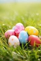 AI generated Colorful easter eggs in grass. Happy easter background. photo