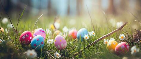 AI generated Colorful easter eggs in grass. Happy easter background. photo