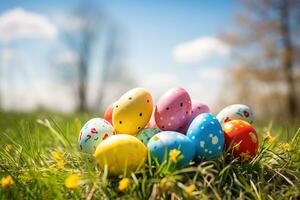 ai generado vistoso Pascua de Resurrección huevos en césped. contento Pascua de Resurrección antecedentes. foto