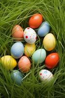 AI generated Colorful easter eggs in grass. Happy easter background. photo