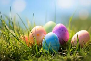 AI generated Colorful easter eggs in grass. Happy easter background. photo