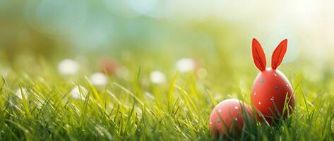 AI generated Colorful easter eggs in grass. Happy easter background. photo