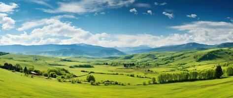 AI generated Beautiful landscape with green meadows and blue sky with clouds. photo