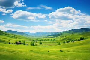 ai generado hermosa paisaje con verde prados y azul cielo con nubes foto