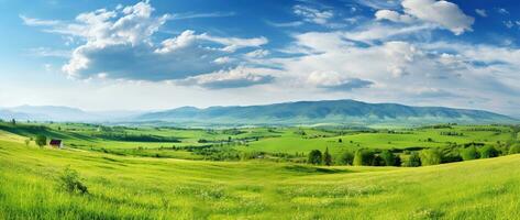 ai generado hermosa paisaje con verde prados y azul cielo con nubes foto