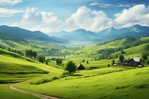 ai generado hermosa paisaje con verde prados y azul cielo con nubes foto