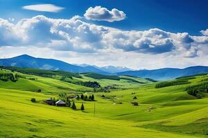 AI generated Beautiful landscape with green meadows and blue sky with clouds. photo