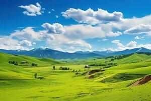 AI generated Beautiful landscape with green meadows and blue sky with clouds. photo