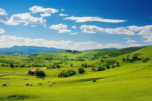 ai generado hermosa paisaje con verde prados y azul cielo con nubes foto