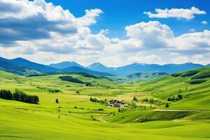 AI generated Beautiful landscape with green meadows and blue sky with clouds. photo