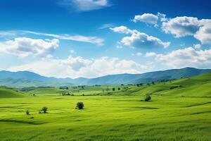 ai generado hermosa paisaje con verde prados y azul cielo con nubes foto