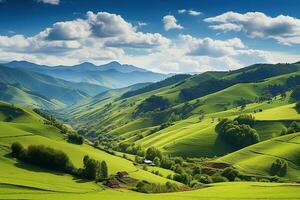 ai generado hermosa paisaje con verde prados y azul cielo con nubes foto