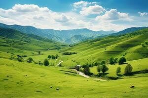 ai generado hermosa paisaje con verde prados y azul cielo con nubes foto