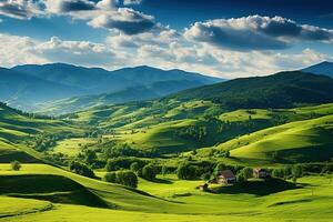 ai generado hermosa paisaje con verde prados y azul cielo con nubes foto