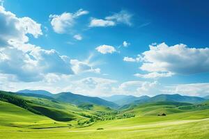 ai generado hermosa paisaje con verde prados y azul cielo con nubes foto