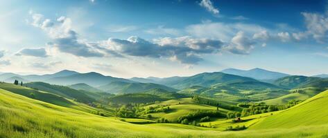 ai generado hermosa paisaje con verde prados y azul cielo con nubes foto