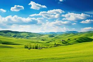 ai generado hermosa paisaje con verde prados y azul cielo con nubes foto