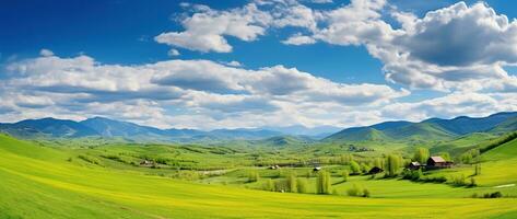 ai generado hermosa paisaje con verde prados y azul cielo con nubes foto