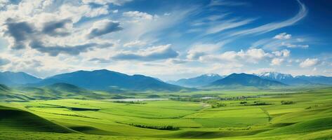 ai generado hermosa paisaje con verde prados y azul cielo con nubes foto