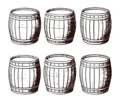 Wooden barrels vintage icons set. Vector hand drawn sketch illustration.