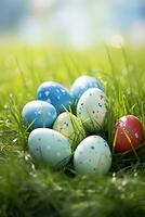 AI generated Colorful easter eggs in grass. Happy easter background. photo