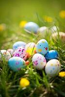 AI generated Colorful easter eggs in grass. Happy easter background. photo