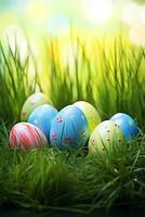 AI generated Colorful easter eggs in grass. Happy easter background. photo