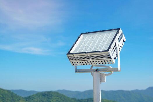 LED spotlights on the sky background are energy saving light bulbs. There are a variety of usage formats to choose from. Can be installed both inside and outside the building. photo