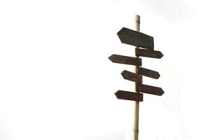 Wooden sign posted on a bamboo pole on a white background. There is space for writing messages about food menus, drinks, places, directions, decorations for restaurants, coffee shops and accommodation photo