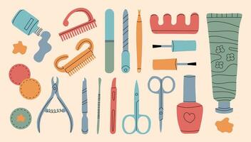 Vector set of manicure tools. Various manicure accessories. Nail scissors, nail file, tweezers, nail polish, hand cream, polish remover, brush etc. Hand-drawn style. All elements are isolated.