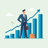 Confident businessman standing with rising chart. Investment or profit increase, business growth, increase in sales, development concept. Vector illustration