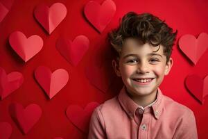 AI generated Happy little boy with red hearts on Valentine's Day. photo