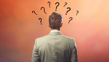 AI generated Businessman thinking with many question mark in background photo