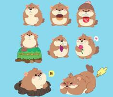 Groundhog hand draw full-color cartoon style illustration set for the concept of Groundhog Day and decorate greeting card. vector