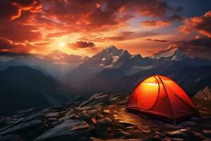 AI generated Tent in the mountains at sunset. Beautiful summer landscape with a tent. photo