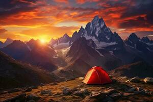 AI generated Tent in the mountains at sunset. Beautiful summer landscape with a tent. photo