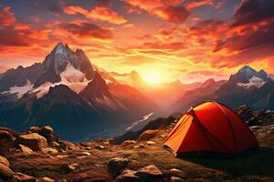 AI generated Tent in the mountains at sunset. Beautiful summer landscape with a tent. photo