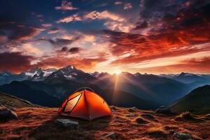 AI generated Tent in the mountains at sunset. Beautiful summer landscape with a tent. photo