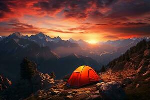 AI generated Tent in the mountains at sunset. Beautiful summer landscape with a tent. photo