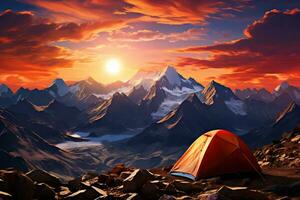 AI generated Tent in the mountains at sunset. Beautiful summer landscape with a tent. photo