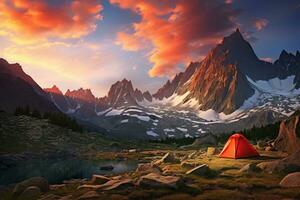 AI generated Tent in the mountains at sunset. Beautiful summer landscape with a tent. photo