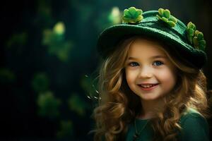 ai generado retrato de un hermosa pequeño niña en un verde sombrero.st. patrick's día concepto foto