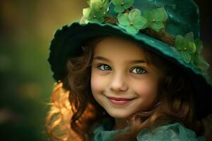 AI generated Portrait of a beautiful little girl in a green hat.St. Patrick's Day Concept photo