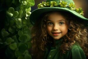 ai generado retrato de un hermosa pequeño niña en un verde sombrero.st. patrick's día concepto foto