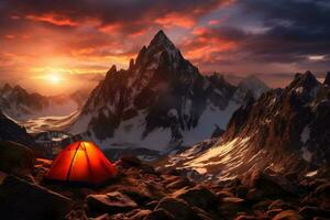 AI generated Tent in the mountains at sunset. Beautiful summer landscape with a tent. photo