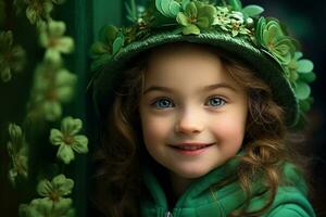 ai generado retrato de un hermosa pequeño niña en un verde sombrero.st. patrick's día concepto foto