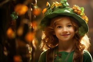 ai generado retrato de un hermosa pequeño niña en un verde sombrero.st. patrick's día concepto foto