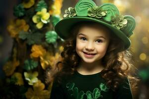 AI generated Portrait of a beautiful little girl in a green hat.St. Patrick's Day Concept photo