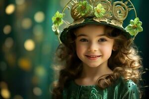 ai generado retrato de un hermosa pequeño niña en un verde sombrero.st. patrick's día concepto foto