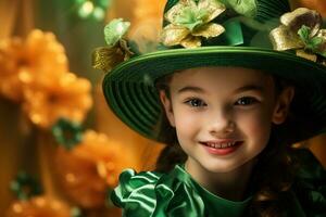 ai generado retrato de un hermosa pequeño niña en un verde sombrero.st. patrick's día concepto foto